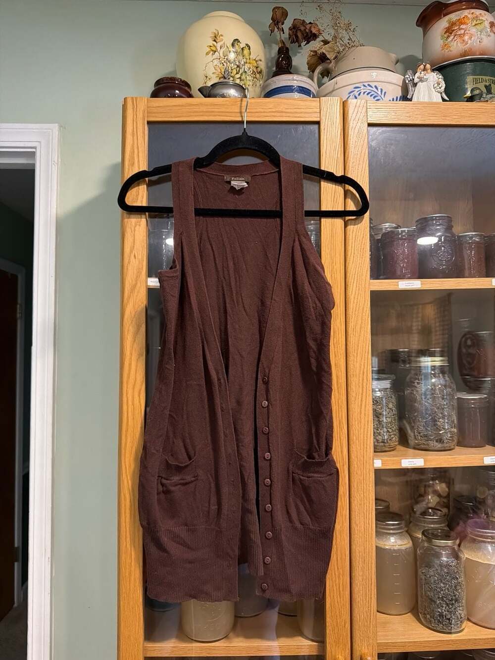 Feline Brown 100% Cotton Ribbed Knit Cardigan Vest with Pockets Size Medium